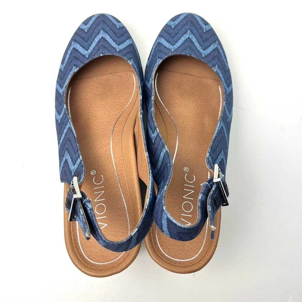 Vionic Coralina Blue Chevron Slingback Espadrille Summer Wedges